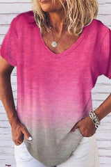Gradient Color V-neck Short Sleeves T-shirt