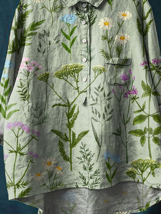 Women's Vintage Lovely Floral Art Print Casual Cotton And Linen Shirt