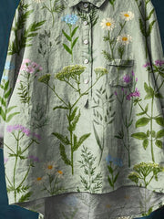 Women's Vintage Lovely Floral Art Print Casual Cotton And Linen Shirt