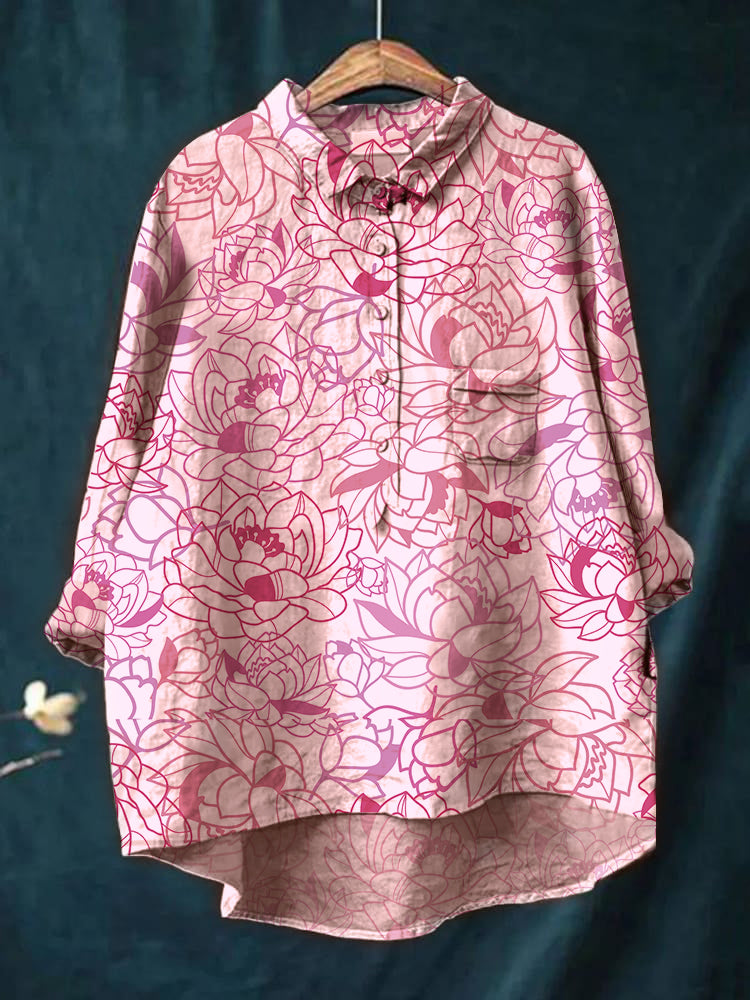 Women's vintage printed casual cotton linen shirt