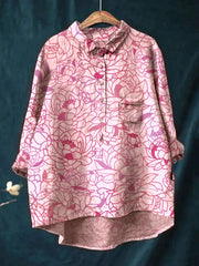 Women's vintage printed casual cotton linen shirt