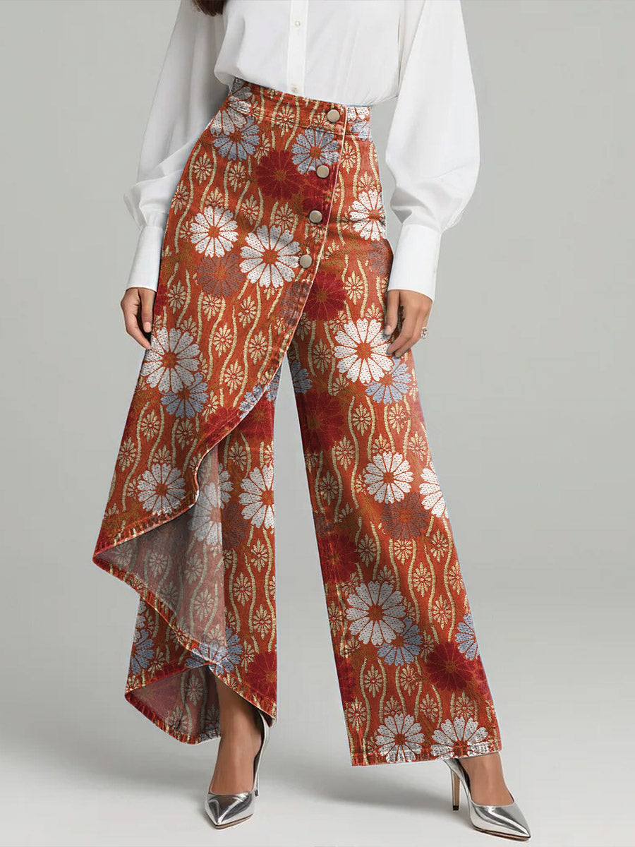 Women's Vintage Flower Patterns Print High-waisted Relaxed Fit Wide-leg Jeans With A Stylish Design