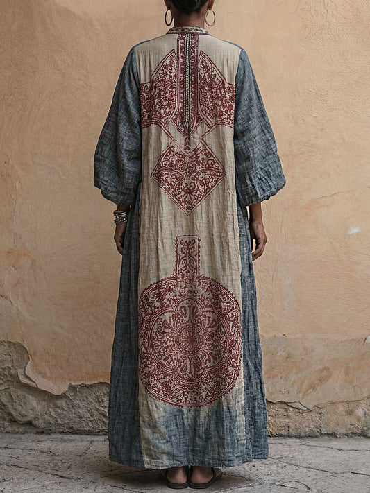 Women's Vintage-print V-neck 3/4-sleeve Casual Loose Cotton-linen Dress