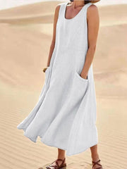 Women Sleeveless Sundress Elegant Round Neck Cotton Linen Solid Long Tank Casual Summer Dress