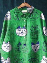 Cat Art Print Casual Cotton And Linen Shirt