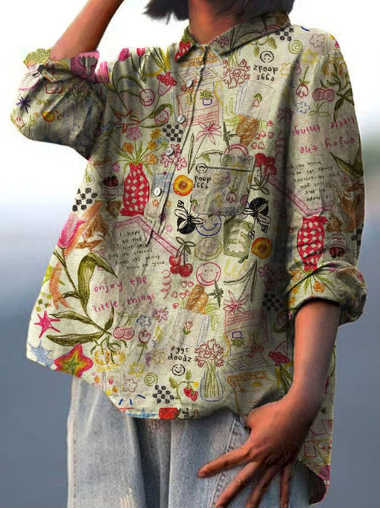 Women's Vintage Vase Art Print Casual Cotton And Linen Shirt