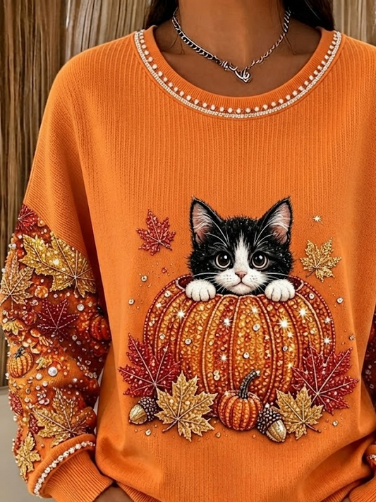 Casual Cat Crew Neck Long Sleeve Sweatshirt