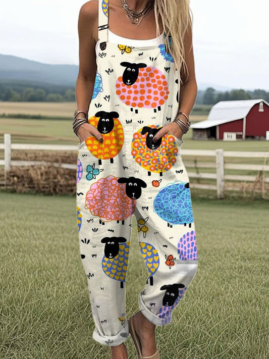 Women's  Funny Sheep Art Print Casual Cotton Wide Leg Jumpsuit