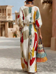 Women's Cotton-linen Two-piece Set: Abstract Geometric Print V-neck 3/4-sleeve Loose-fit Top & High-waisted Wide-leg Pants