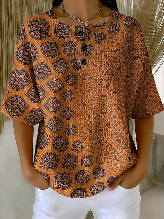Women's Vintage Geometry Pattern Printed Casual Cotton Waffle Knit Sweatshirt