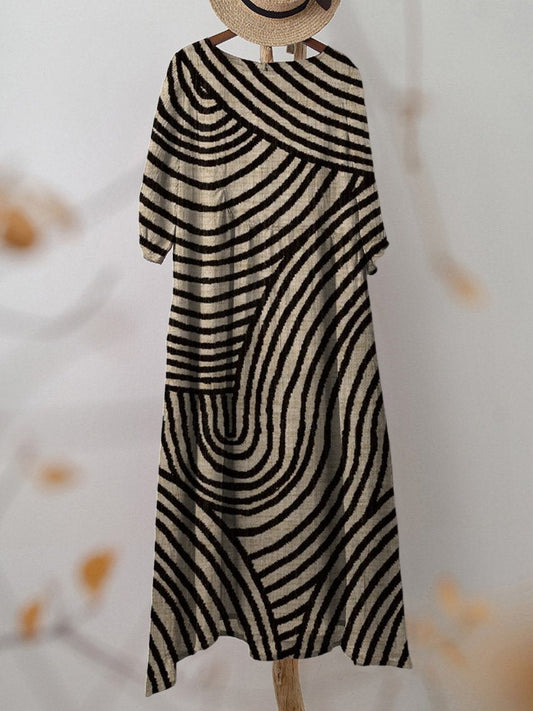 Women's Retro Hand Drawn Geometric Line Print Pocket Cotton Dress