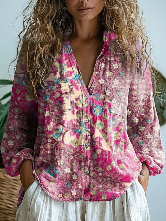 Women's Vintage Floral Art Print Casual Long Sleeve Comfortable Cotton Shirt