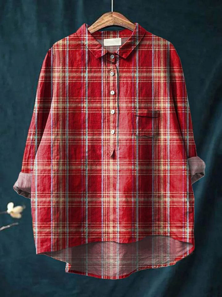 Vintage Plaid Pattern Art Print Casual Cotton And Linen Shirt