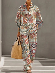 Women's Retro Floral Art Print Casual 3/4 Sleeve Top And Pants Cotton Linen Suits