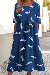 Dragonfly Print Crew Neck Half Sleeves Midi Dress