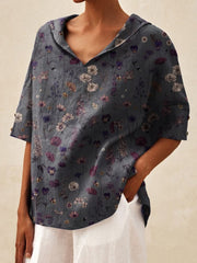 Women's  Floral Art Print Casual Linen V-neck Shirt