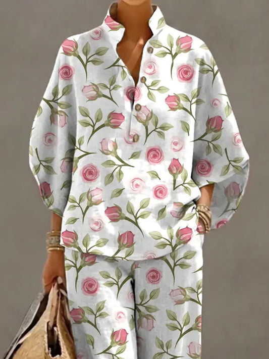 Women's Floral Art Print Casual 3/4 Sleeve Top And Pants Cotton Linen Suits