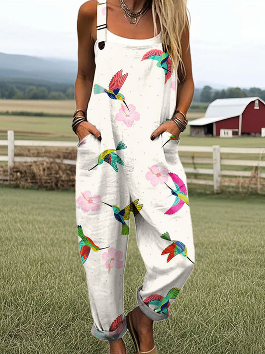 Women's Vintage Bird Art Print Casual Cotton Wide Leg Jumpsuit