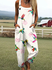 Women's Vintage Bird Art Print Casual Cotton Wide Leg Jumpsuit