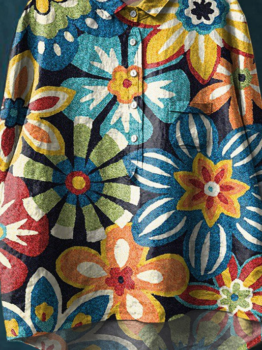 Vintage Lovely Floral Art Print Casual Cotton And Linen Shirt