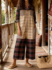 Women's Vintage Bohemian Art Print Casual Washed Cotton Denim Jumpsuit