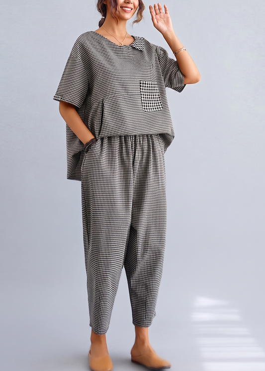 Black Plaid Wrinkled Patchwork T Shirt And Crop Pants Two Piece Set Short Sleeve