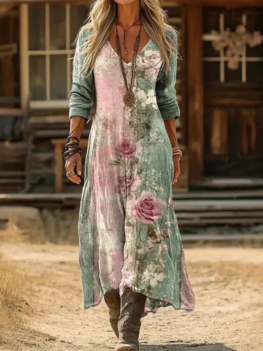 Vintage Floral Print Long Sleeve V-neck  Dress