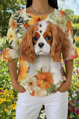 Womens White Spaniel Floral Print Casual Waffle Cotton Shirt