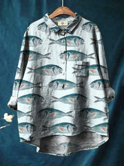 Simple Fresh And Cute Hand-Painted Fish Print Cotton And Linen Shirt