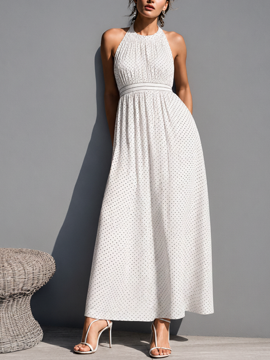 Women's Vacation-style White Polka-dot Cotton-blend Skirt With Ruched Waist