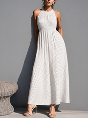 Women's Vacation-style White Polka-dot Cotton-blend Skirt With Ruched Waist