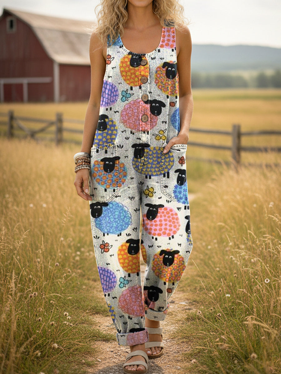 Women's Colorful Little Sheep Print Casual Denim Jumpsuit