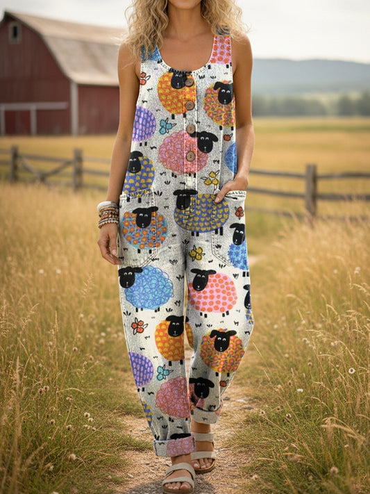 Women's Colorful Little Sheep Print Casual Denim Jumpsuit