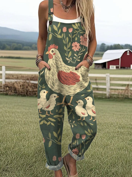 Women's Vintage Flower Funny Chicken  Art Print Casual  Wide Leg Jumpsuit