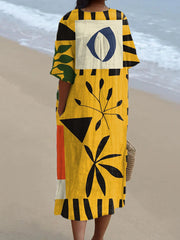 Vintage Abstract Art Print V-Neck Midi Dress