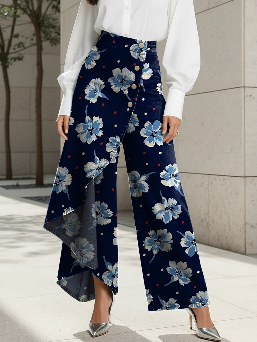 Women's Flower Print High-waisted Relaxed Fit Wide-leg Jeans With A Stylish Design.