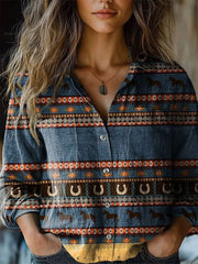 Women's Vintage Art Print Casual Long Sleeve Comfortable Cotton Shirt