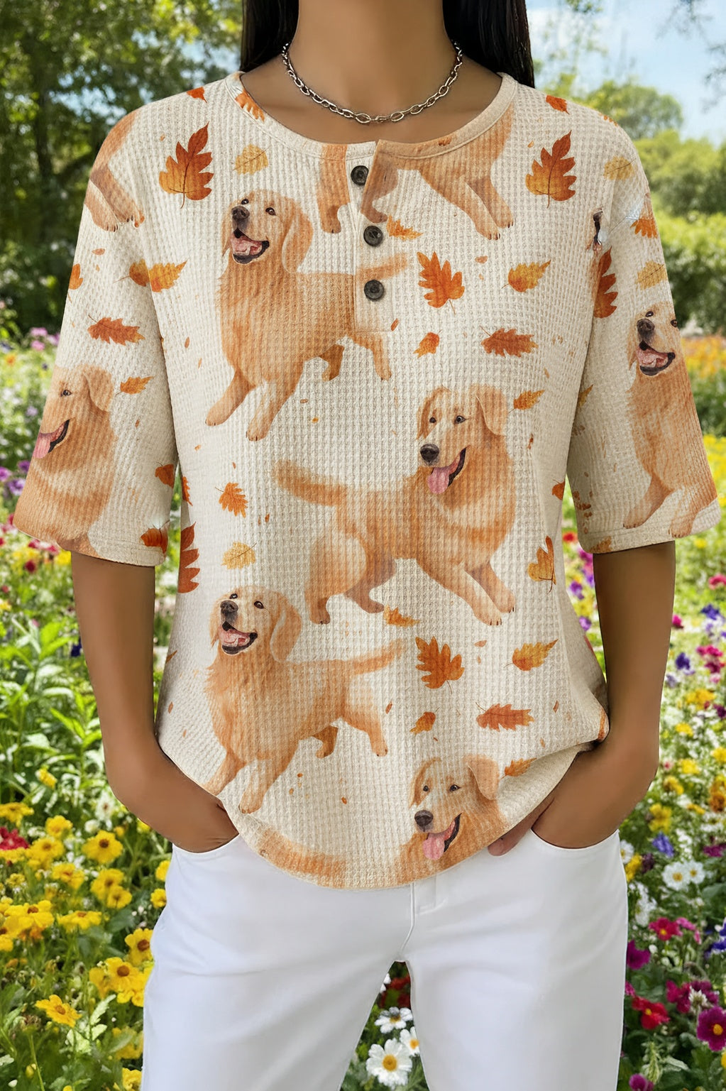 Womens Cream Dog Pattern Print Casual Waffle Cotton Shirt