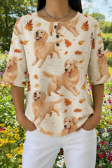 Womens Cream Dog Pattern Print Casual Waffle Cotton Shirt