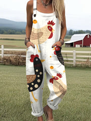 Women's Funny Chick Art Print Casual Cotton Wide Leg Jumpsuit