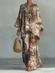 Women's Vintage Floral Art Comfortable Loose Cotton Linen Wide-leg Pants Two-piece Set
