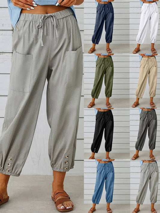 High-waisted Buttoned Cotton and Linen Pants Cropped Pants