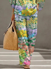 Women's Floral Art Print Casual 3/4 Sleeve Top And Pants Cotton Linen Suits