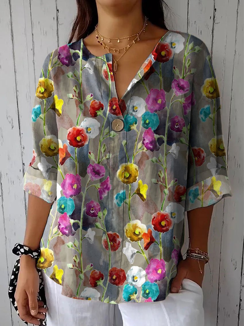 Women's Flower Print Casual Cotton Linen Shirt
