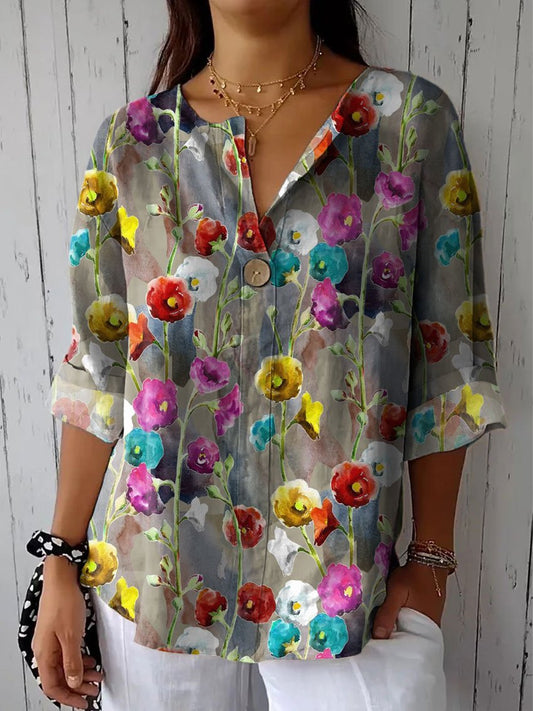 Women's Flower Print Casual Cotton Linen Shirt