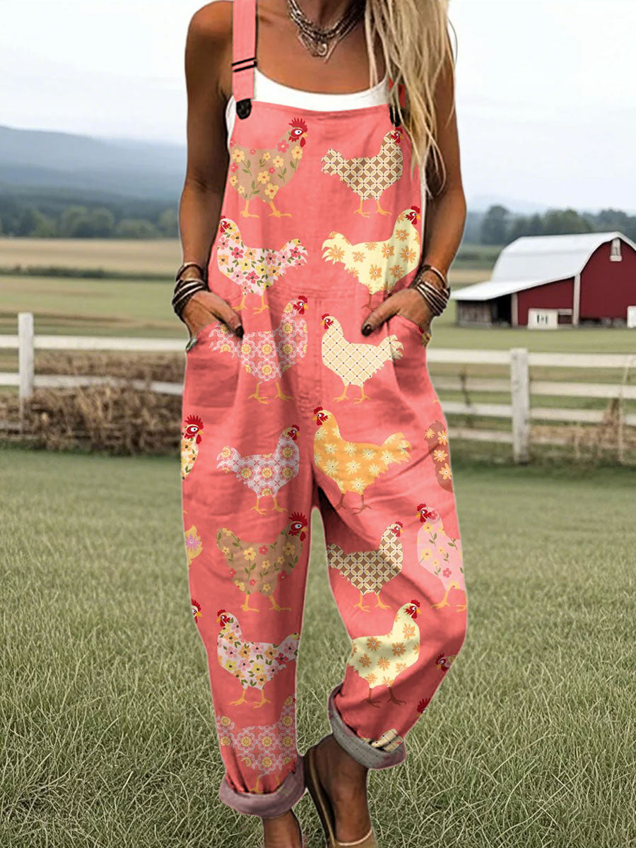 Women's Funny Chicken Art Print Casual Cotton Wide Leg Jumpsuit