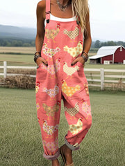 Women's Funny Chicken Art Print Casual Cotton Wide Leg Jumpsuit