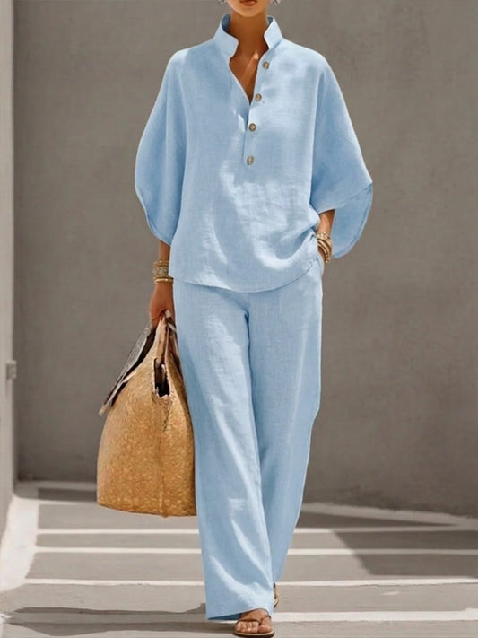 Casual Batwing Sleeve Linen And Cotton Shirt And Trousers Two-piece Set