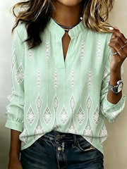 Women Geometric Casual Blouse V Neck Long Sleeve Printing Top