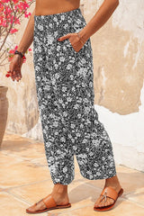Floral Print with Pockets Elastic Waist Pants
